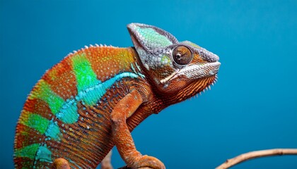 Obraz premium colorful chameleon on a blue background generative ai