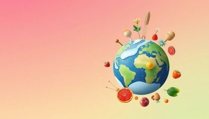 Naklejka premium Colorful world globe with floating fruits and leaves for a healthy planet