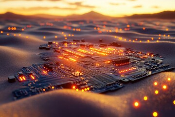 A glowing circuit board rests on a sandy surface at sunset, symbolizing technological advancement in a vast, unexplored landscape.