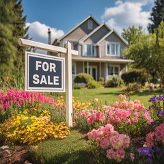 Beautiful house for sale in a vibrant garden setting with colorful flowers on a sunny day. real estate sale, realtor, deal, house purchase, house sale