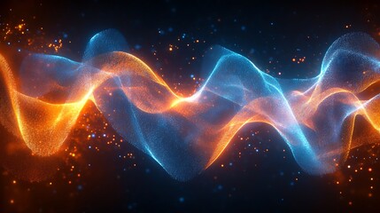 Abstract digital wave with blue and orange light particles on a dark background