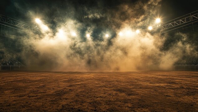 Empty rodeo arena under spotlights. Smoky stage
