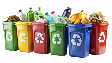 recycle bin filled with garbadge isolated on white background