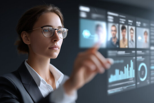  AI recruitment system showing holographic candidate profiles and hiring analytics.
