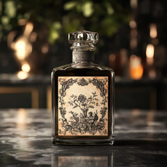 A vintage perfume bottle with a floral label, set on a marble surface, creating an elegant scene.
