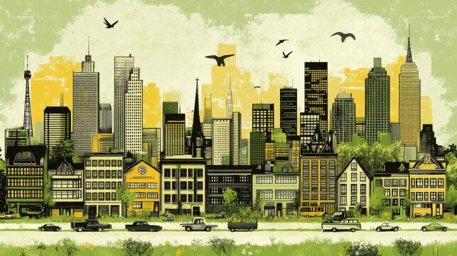 Urban art illustration skyline modern cityscape with buildings and cars vector graphics creative architectural backdrop and birds