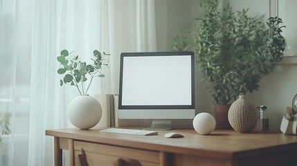 Cozy Home Office with Blank Screen Computer
