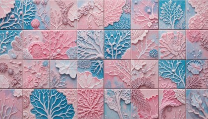 Pink and Blue Coral Pattern Tiles  Elegant Decorative Wall Art for Interior Design