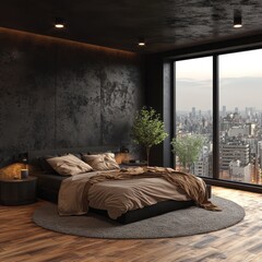 Modern bedroom interior design with city view.