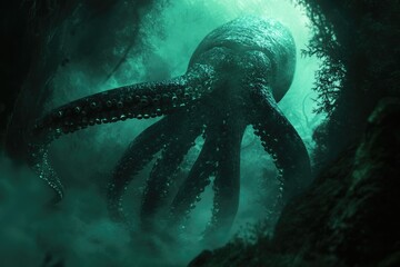 A colossal octopus emerges from the depths, its tentacles reaching out in a mysterious, teal-lit underwater world.