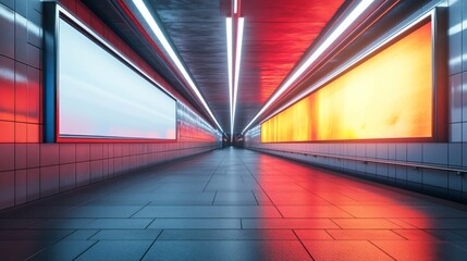 Futuristic subway tunnel with vibrant advertising displays.
