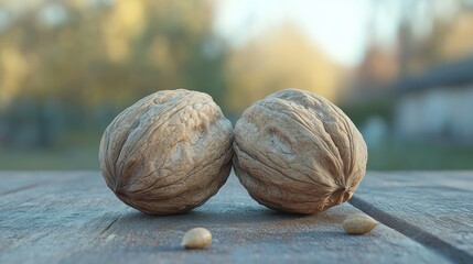 Two walnuts on a wooden surface