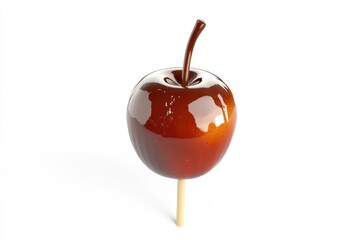 Obraz premium A glossy, brown caramel apple on a wooden stick stands against a clean, white background, making it a tempting treat.