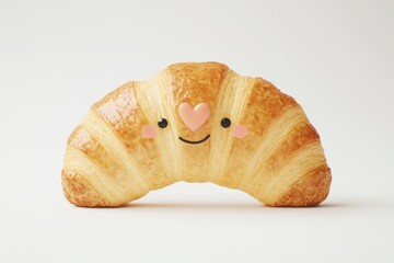 A cute, golden-brown croissant with a smiling face and a pink heart on a clean, white background, adorable and appetizing.