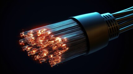 Close up of fiber optic cable transmitting data with glowing light emitting