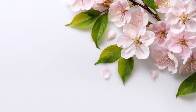 the branches of flowering cherry with foliage cherry blossoms sakura tree bloom in spring isolated on white background copy space close up