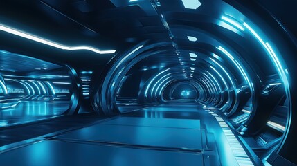 Futuristic Spaceship Interior Glowing with Neon Blue Lights and Metallic Finish