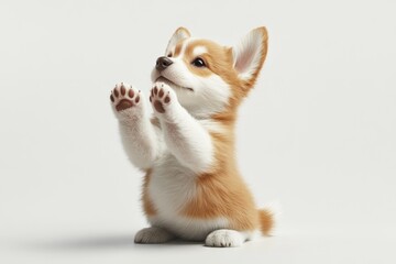 Adorable Corgi puppy sitting on its hind legs with paws up, looking up with curiosity on a white background.