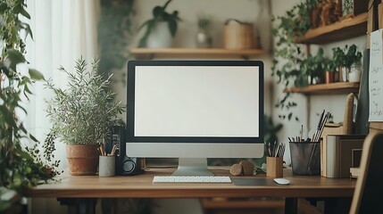 Cozy Home Office with Blank Screen Computer