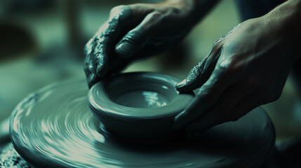  Pottery Wheel Hands. Hands shaping a clay bowl on a pottery wheel