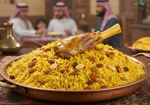 Delectable Lamb Mandi: A Traditional Middle Eastern Rice Dish with Roasted Lamb Shank, Almonds, and Raisins Served in a Copper Platter