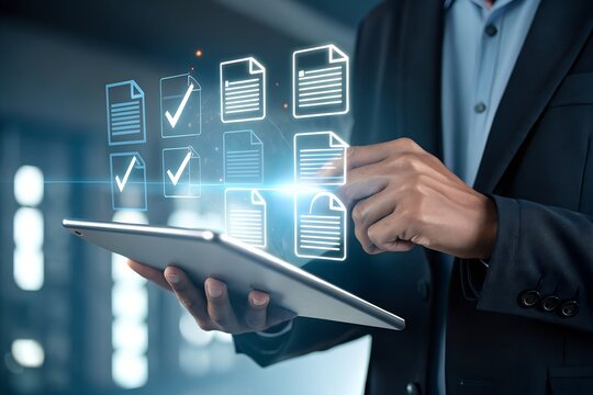 Checklist business performance monitoring concept, Business using tablet online survey filling out check digital form task, online survey question form, target marketing planning with quality control