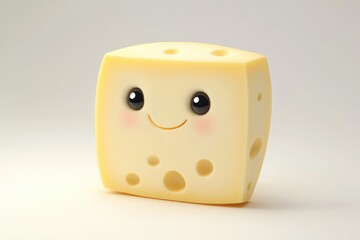 A charming cheese cube with a cute face and holes, sitting on a light background, evokes joy and a fun, cheesy vibe.