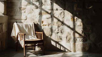 Wooden Chair and Stone Wall. Rustic wooden chair with a light blanket beside a textured stone wall in soft sunlight.