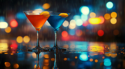Cocktails in Rain. Colorful cocktails on table with city lights and rain.