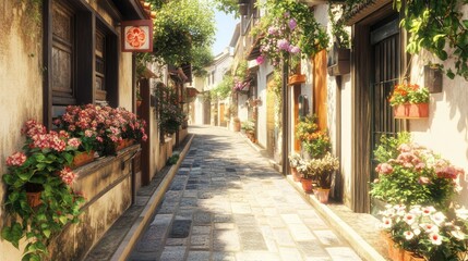 Naklejka premium Sunny alleyway in a quaint European town