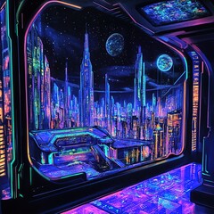 Futuristic city view, vibrant neon glow