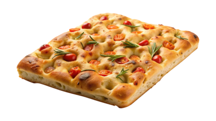 Delicious homemade focaccia bread with fresh tomatoes and rosemary sprigs