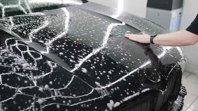 Close-up of hands preparing a microfiber cloth, with a soapy black car hood in the background, ready for meticulous cleaning and detailing