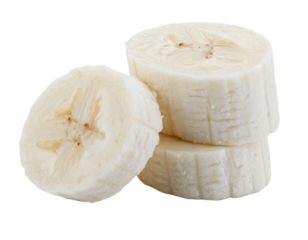 Several banana slices arranged flat – a top-down view of multiple round banana slices scattered like a snack or smoothie ingredient, with soft natural shadows.