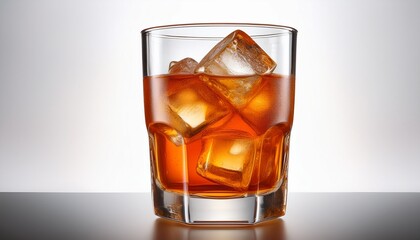 refreshing amber beverage with ice in a glass surrounded by a clean white background