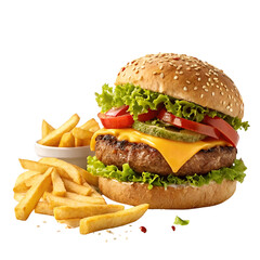 Delicious hamburger paired with crispy French fries, fast food style, isolated on a clean white background