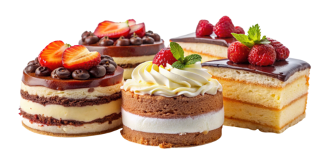 Delicious assortment of individual cakes topped with fresh fruit and cream
