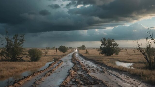 Prairie road flooded under a striking sky backdrop.