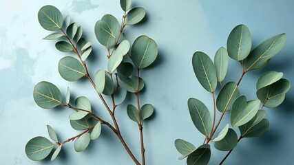 Eucalyptus branch with round leaves on a light blue textured background in a studio setting - Powered by Adobe