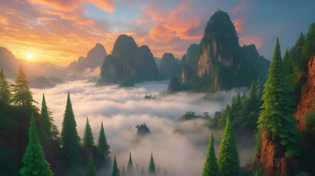 Foggy mountains and valley in Phetchabun Thailand during beautiful autumn with colorful sky and pine trees