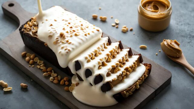 Loaf cake slices on a wooden cutting board. Homemade cake with peanut butter, peanut flour, and cinnamon, garnished with chopped nuts. Bird's eye view. Empty space.