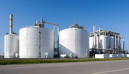 Fototapeta premium Modern Industrial Plant with White Storage Tanks under Blue Sky