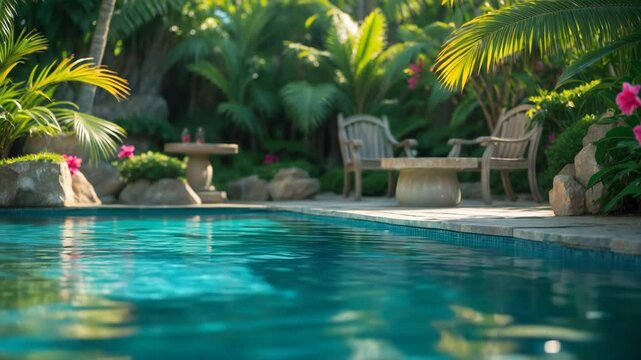 Ordinary blue saltwater pool set in a tropical landscape with a close-up shot of the water and an unoccupied garden in the background