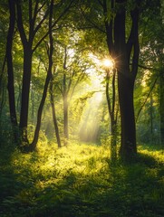 Naklejka premium Serene Morning Light in Mystical Woodland: Discover Nature's Peaceful Scenery on Hiking Trails Through Green Foliage and Eco-Tourism Tranquil Settings