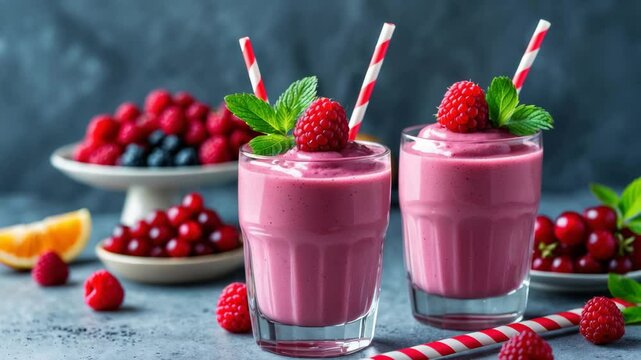 Raspberry fruit set against smoothies