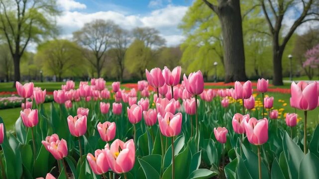 Lively garden filled with colorful tulips.