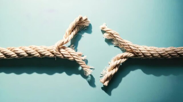Ideas of division, detachment, breakdown, or danger. A tattered and severed rope divided into two parts set against a background with room for text.