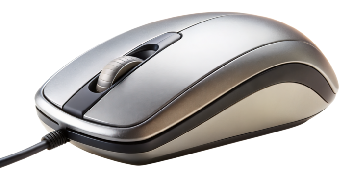 Silver Computer Mouse with Scroll Wheel and Cord on White Background