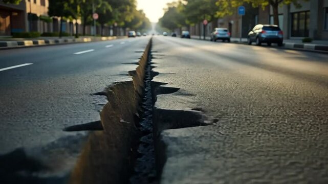 A large crack running down the center of a paved road in a city during the day time scene view