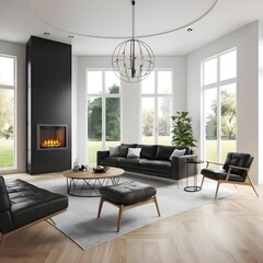 Fototapeta premium Modern Living Room with Black Leather Furniture and Fireplace